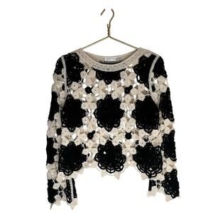 Y2K Crochet Crop Sweater Womens S Black Cream Floral Hollow Knit Boho Festivals